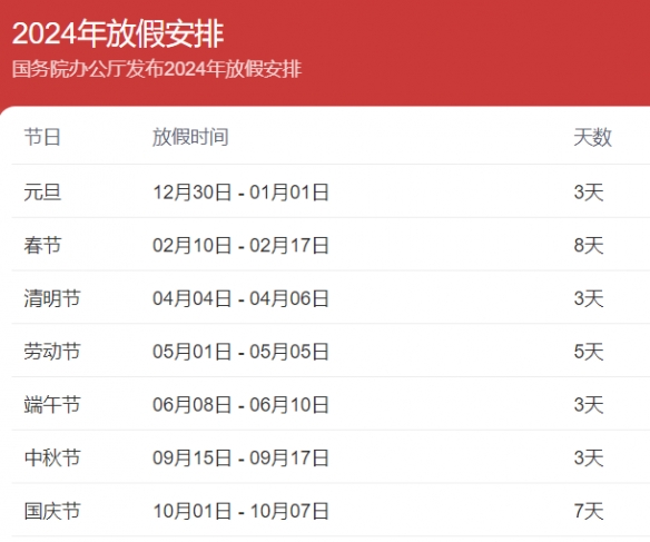 2024放假调休日历表 2024年部分节假日安排
