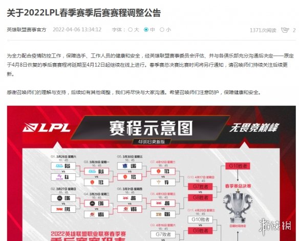 2022LPL春季赛季后赛赛程表4.6最新 LPL春季赛季后赛对阵时间